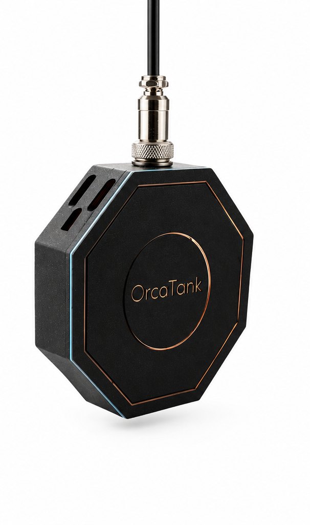 OrcaTank controller — matte black octagonal pod with a machined quick-connect probe cable