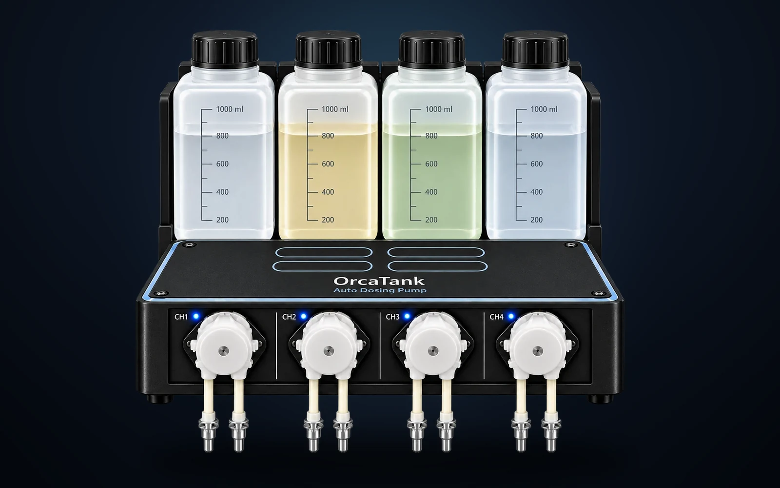 The OrcaTank Auto Dosing Pump — a matte black unit with four peristaltic pump heads marked CH1 to CH4 and four 1000 ml dosing bottles on top