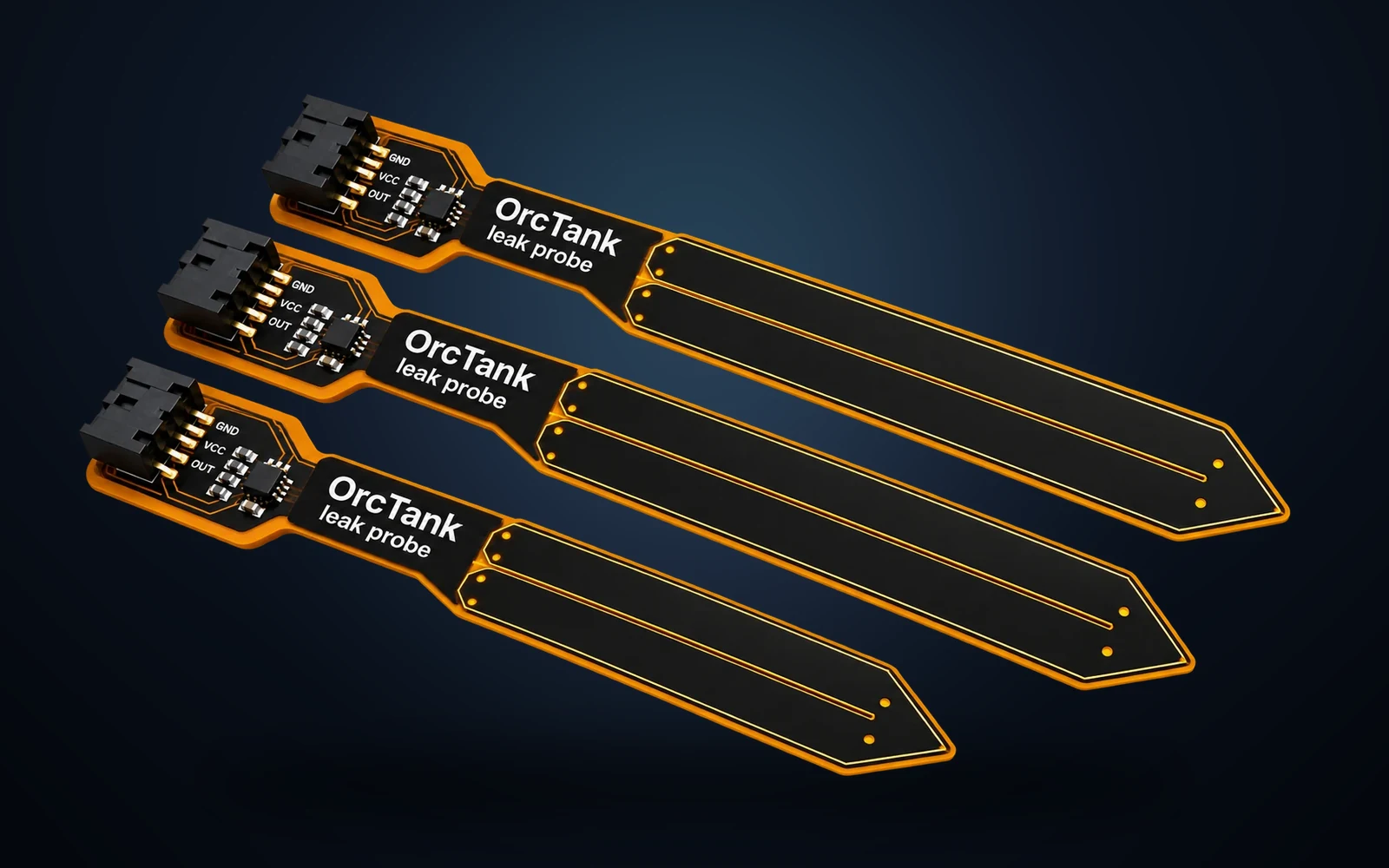 Three OrcaTank leak probes — flat flexible circuit strips with a connector at one end, for placing under the filter, under the tank and on the floor