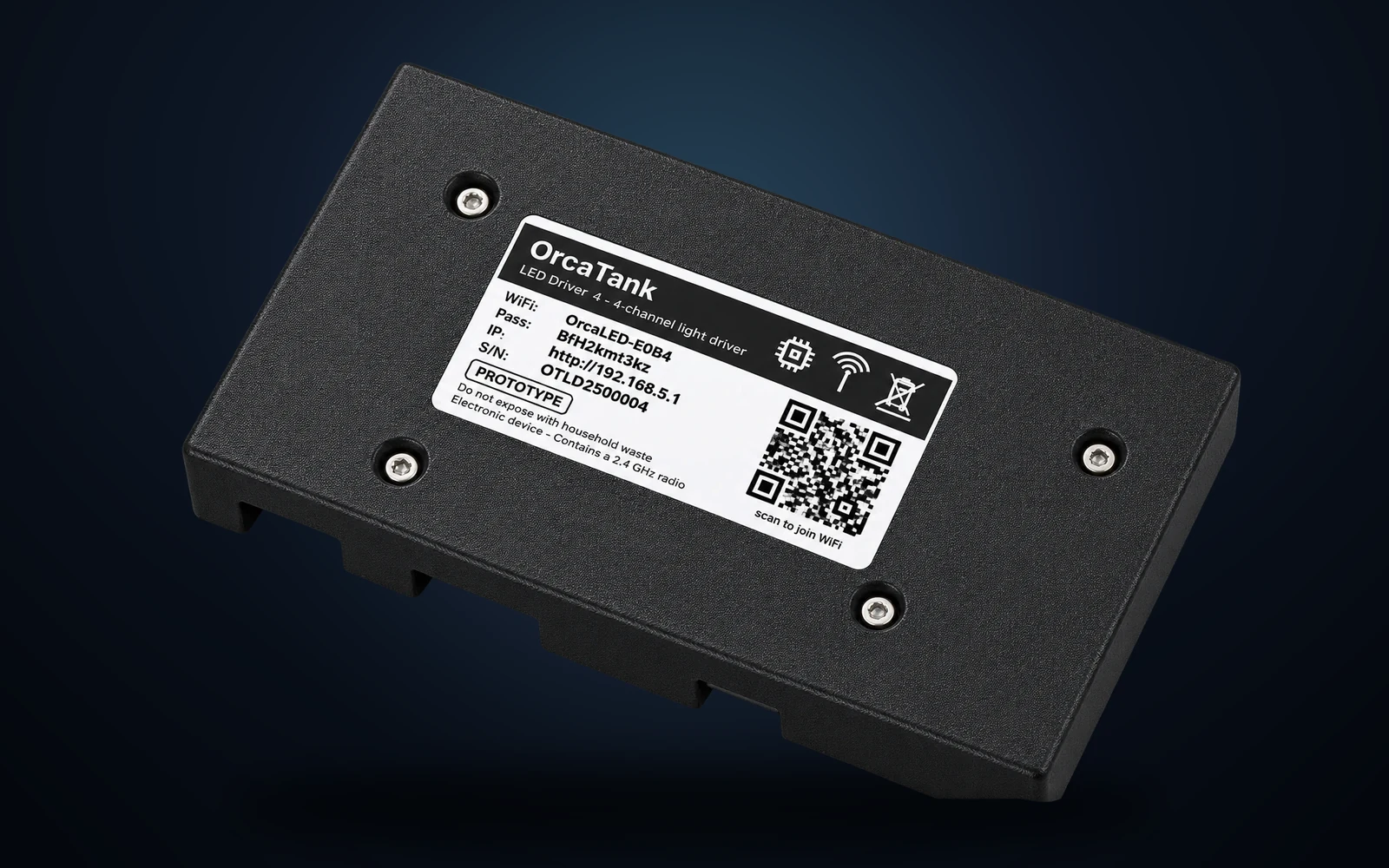 Underside of the OrcaTank LED Driver 4 showing the label with WiFi name, password, address and serial, plus the four screw-terminal channels and a scan-to-join-WiFi QR code