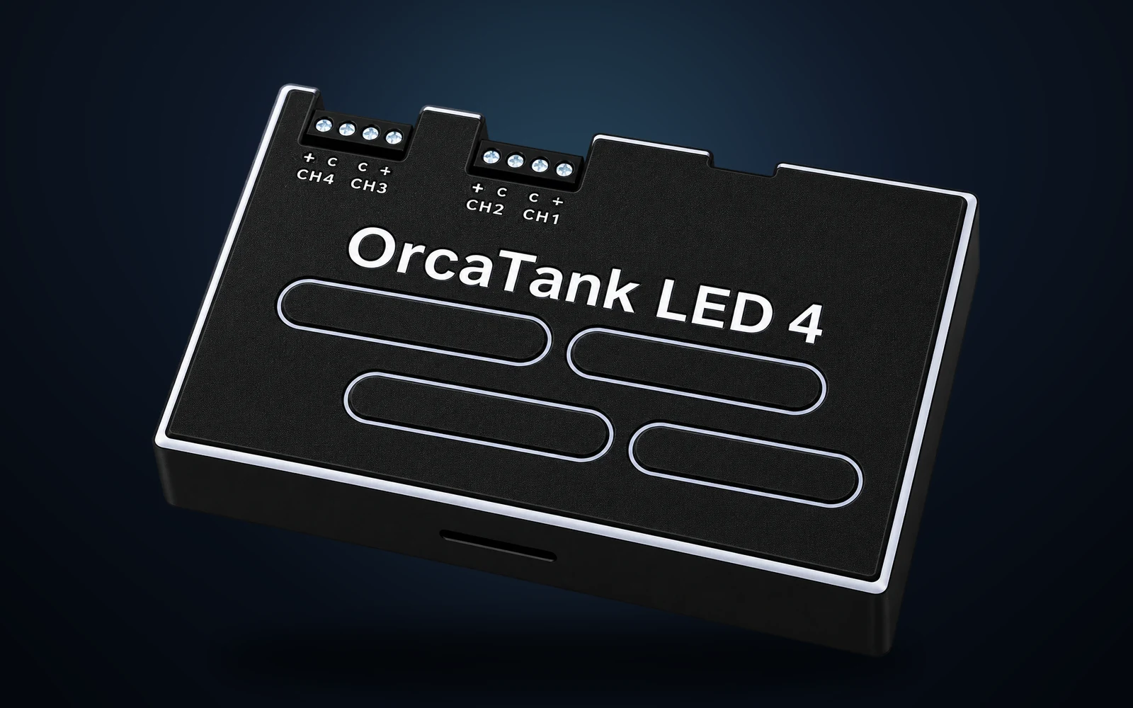 OrcaTank LED Driver 4 — matte black case with four blue backlit channel bars and two screw terminals marked CH1 to CH4, 7 to 40 volts, 2 amps per channel