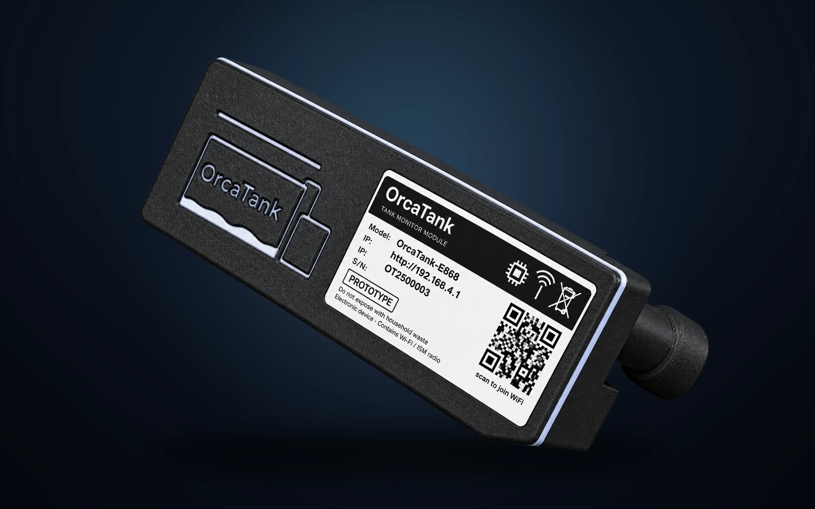 OrcaTank main unit — slim matte black case with a blue backlit OrcaTank logo, USB-C and the temperature probe on the end, and a label with model, address and serial