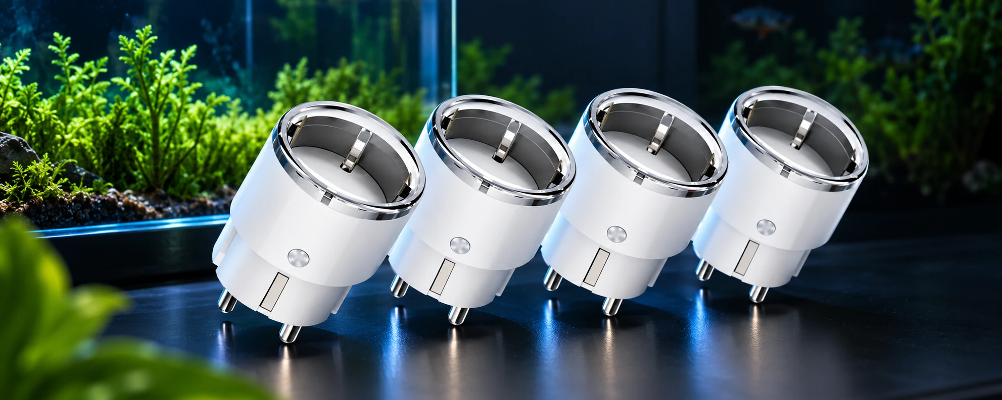 Four white OrcaSocket smart plugs with chrome-rimmed sockets, lined up on a dark surface in front of a planted aquarium